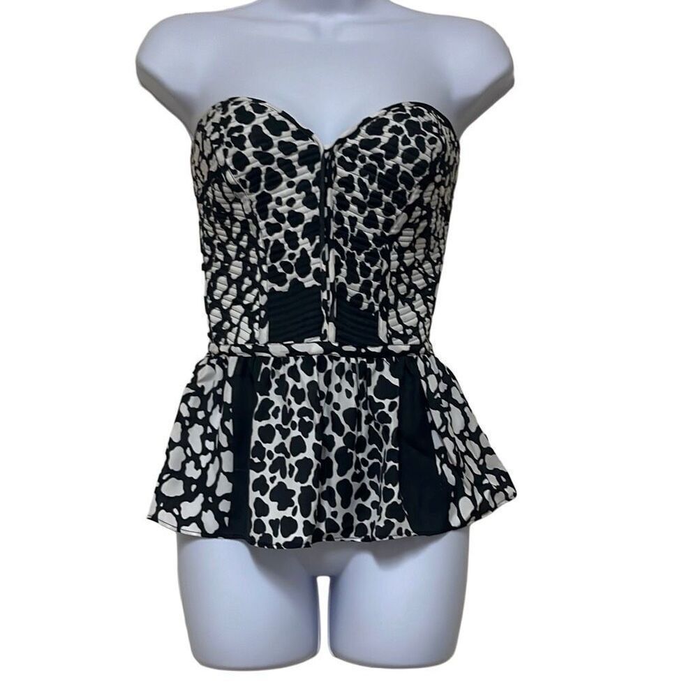 Parker Black White Animal Print Strapless Smocked Top Peplum Small Back Zip NWOT